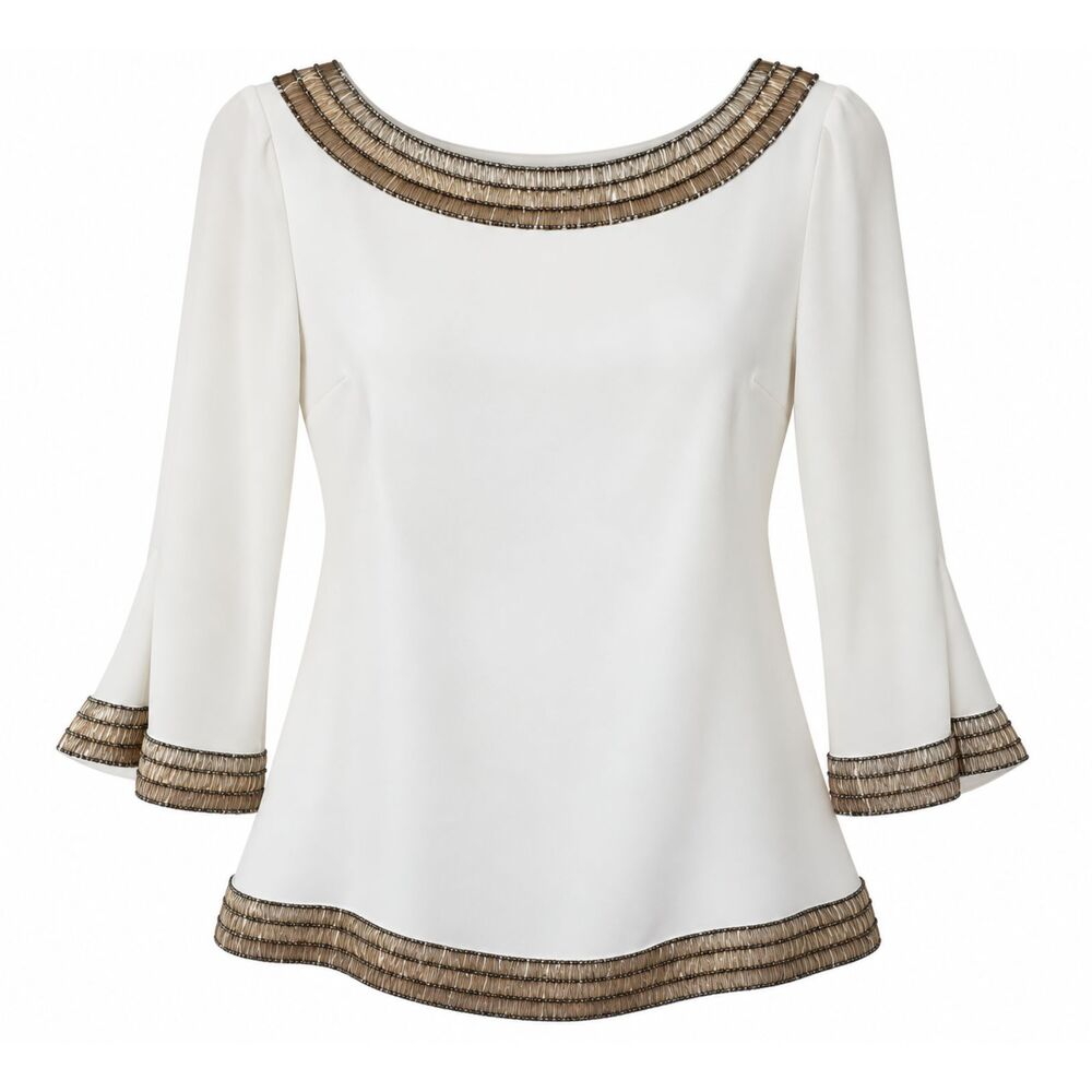Trulli Petite Ivory Metallic Beaded Trim Boatneck Blouse